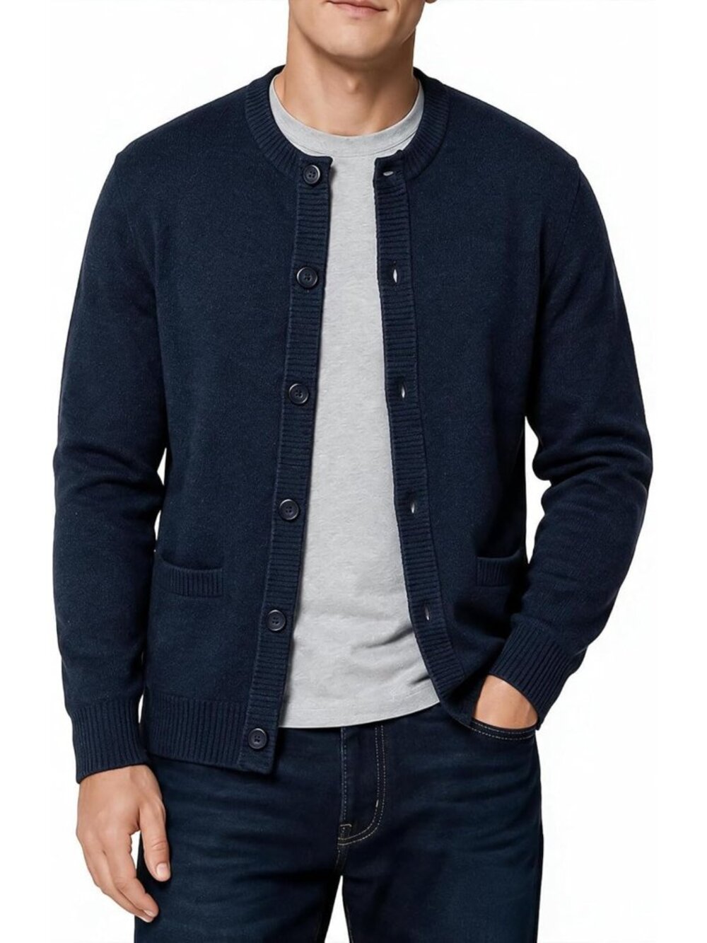 Cozy Men's Cardigan Sweater - Crew Neck, Long Sleeve, Button Closure, Stylish